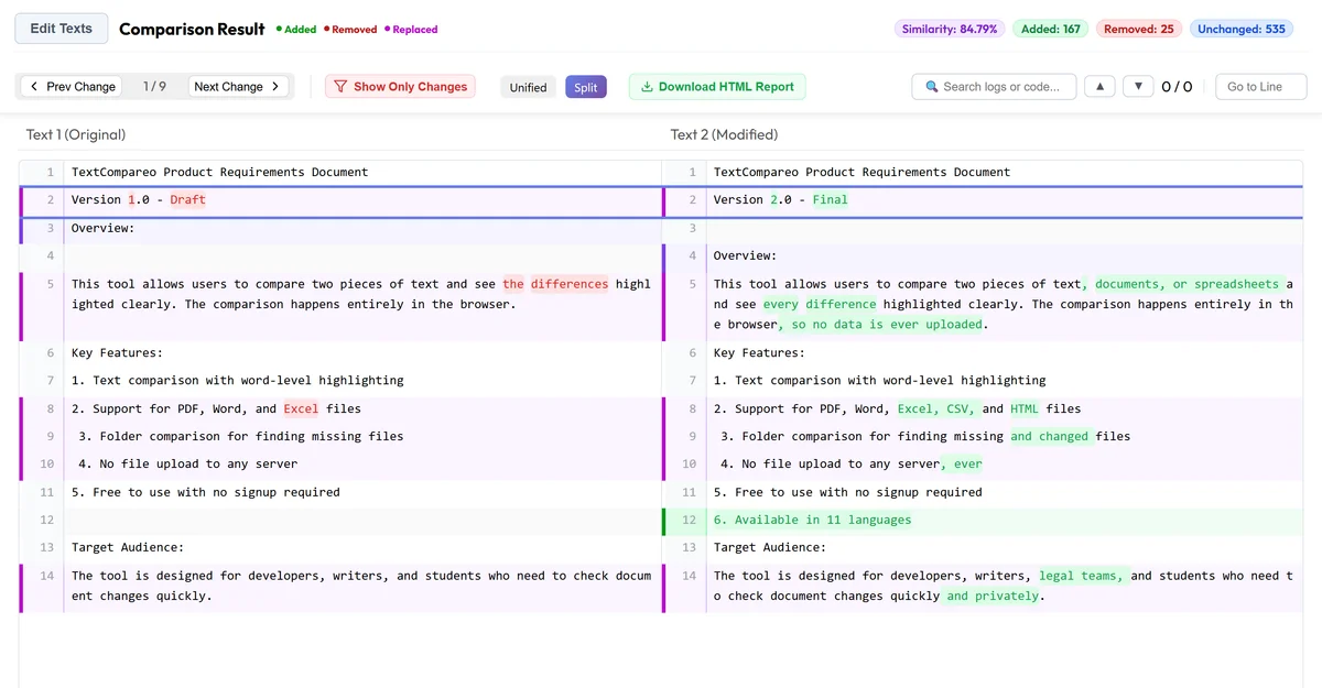 Comparison result showing word-level differences highlighted in green, red, and purple between two document versions