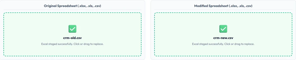 Two CRM CSV exports uploaded into TextCompareo's original and modified spreadsheet panels