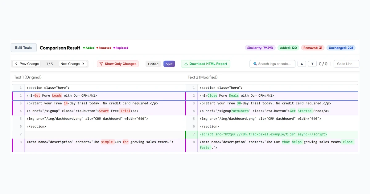 Two versions of a landing page's HTML compared side by side with changes highlighted
