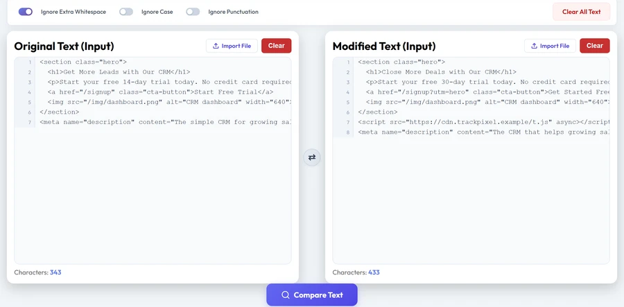 Two landing page HTML versions pasted into TextCompareo's original and modified panels