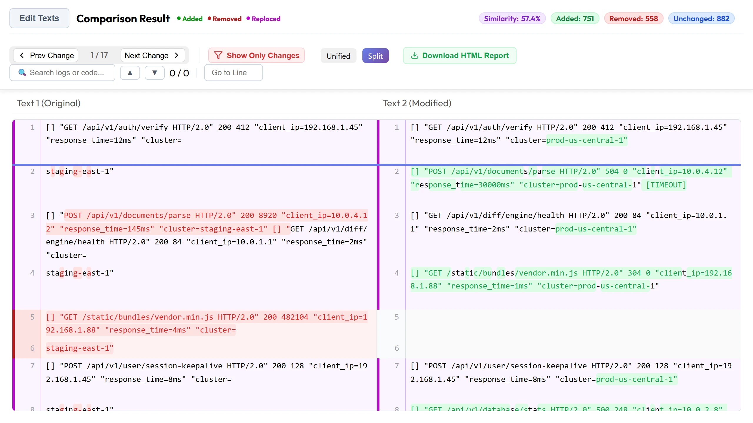TextCompareo comparing large multi-line server log datasets with virtualized rendering
