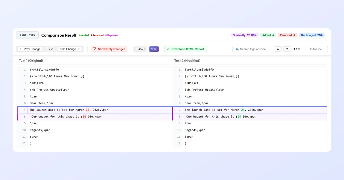 Two versions of an RTF file compared side by side with the changed lines highlighted