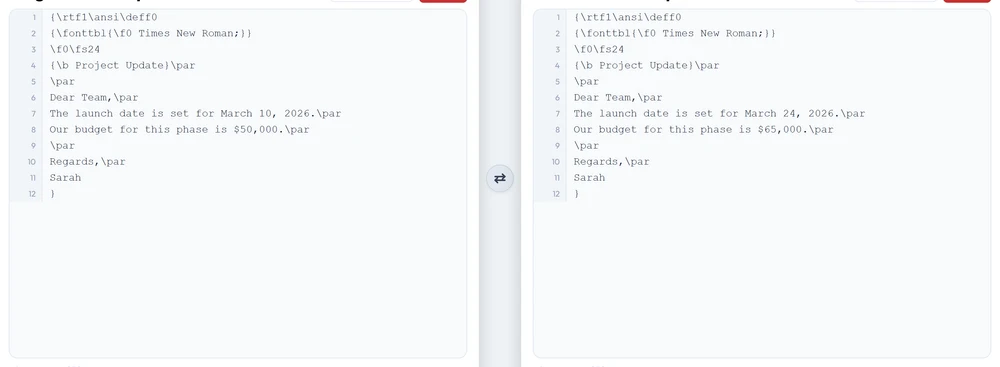 Raw RTF source of two document versions pasted into TextCompareo's two panels