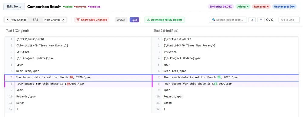 TextCompareo highlighting a changed date and budget figure between two RTF versions
