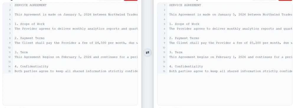OCR-extracted text from two scanned contracts pasted into TextCompareo's two panels