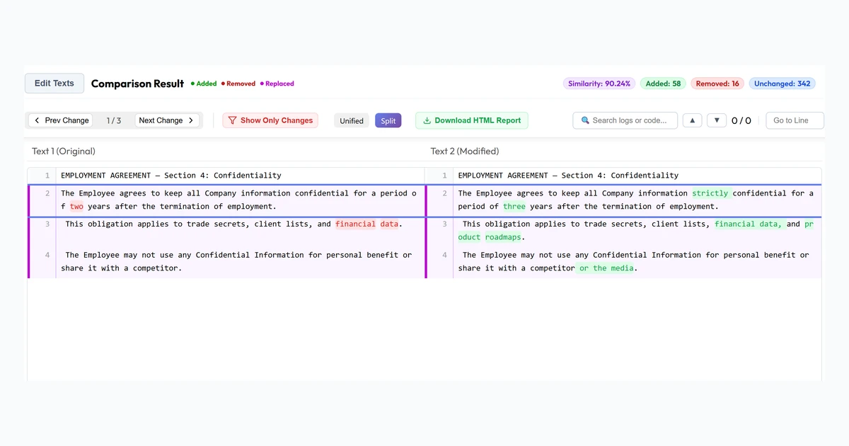 A clean side-by-side comparison of two contract versions after handling Track Changes