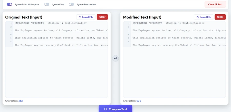 Two cleaned contract versions pasted into TextCompareo's original and modified panels