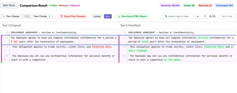TextCompareo showing a clean redline between two contract versions with a similarity score