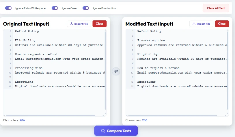 Two text panels side by side in TextCompareo, both showing the same refund policy with the Processing time section in different positions, and a character count of 286 under each