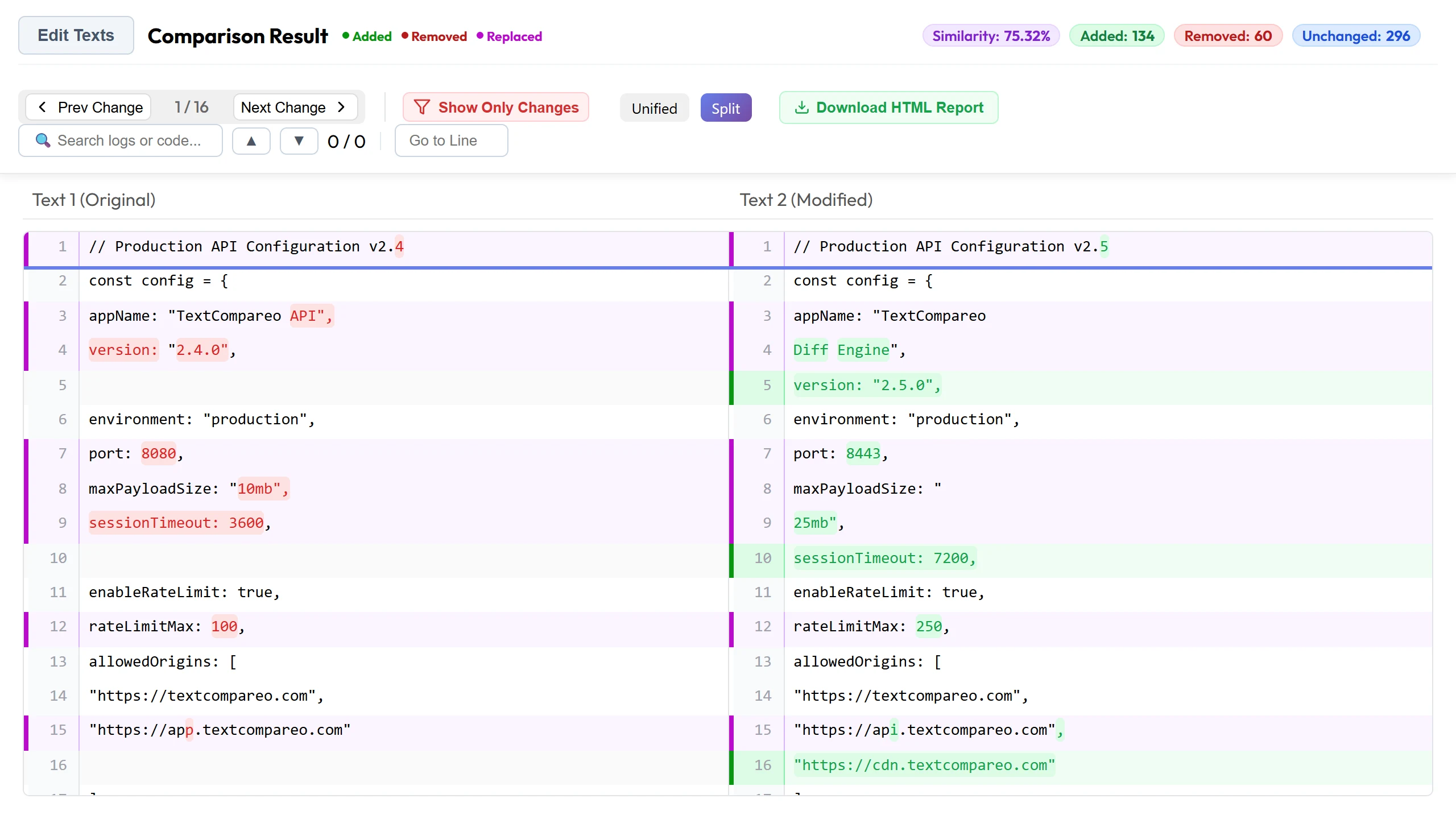 TextCompareo side-by-side text comparison showing additions and deletions