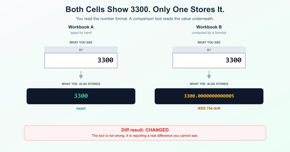 Two Excel cells both displaying 3300 while storing different underlying values, showing the gap between the displayed and stored value
