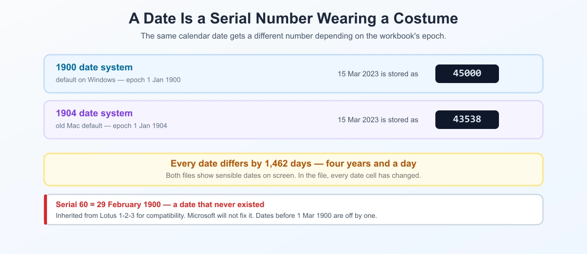 Diagram showing how Excel stores dates as serial numbers, the phantom 29 February 1900, and the 1462-day offset between the 1900 and 1904 date systems